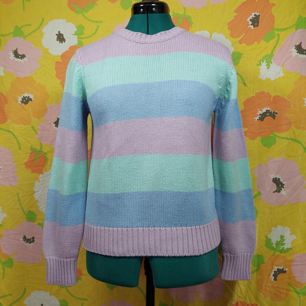 Classics by Brooks Vintage 90s Striped Sweater Pastel Purple Green Blue Womens S